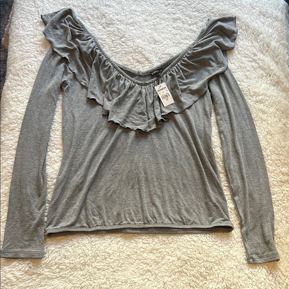 Express Gray Ruffled Long Sleeve Top